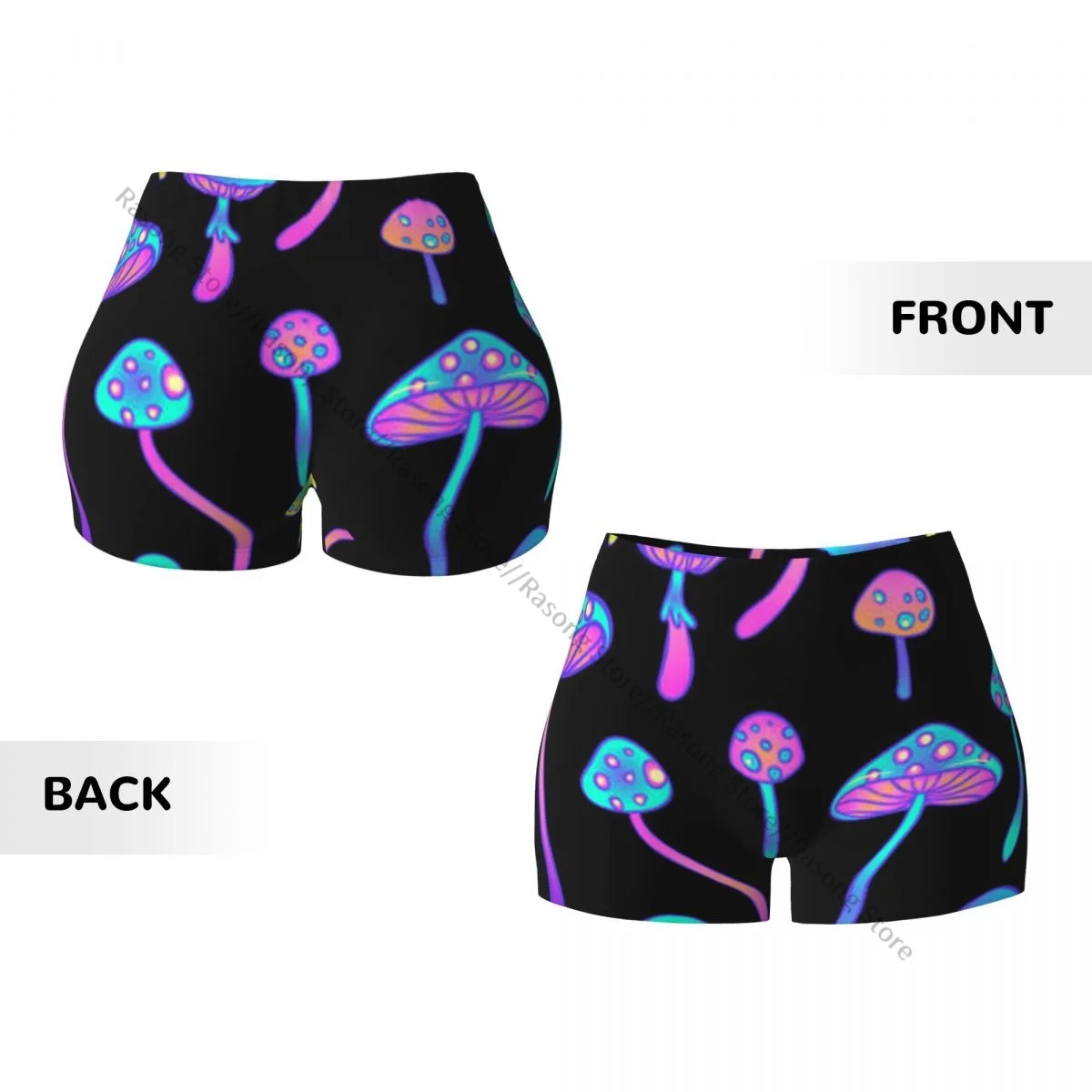 Shorts de ioga de elastano para mulheres, cogumelos mágicos dos anos 60, hippie, arte colorida, shorts de treino