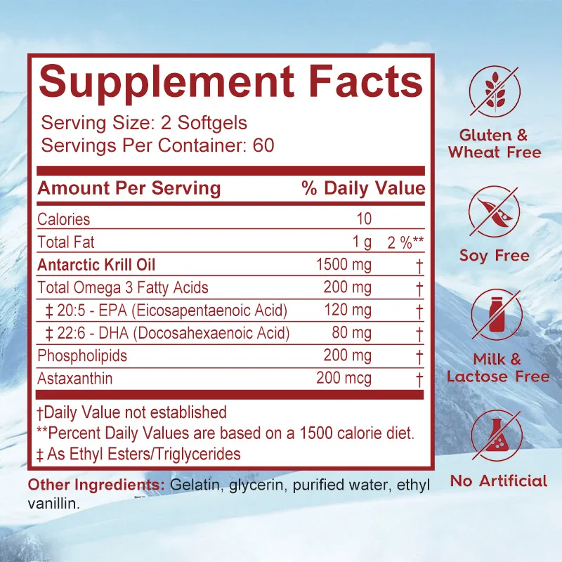 น้ำมันคริลล์แอนตาร์กติก2000มก. กับ Omega-3s EPA, DHA, astaxanthin และ phospholipids 120 Softgels (60เสิร์ฟ)