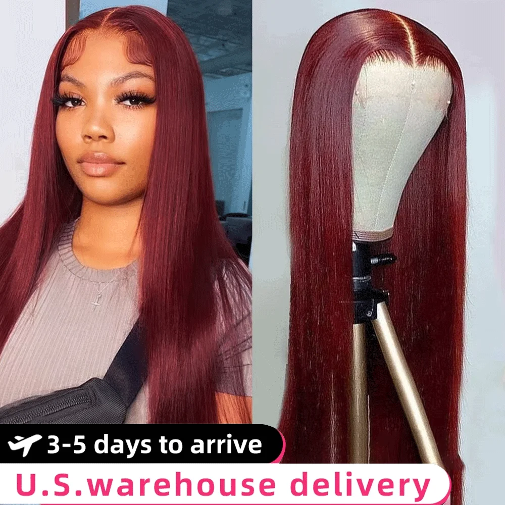 13x6 HD Lace Front Wig Human Hair Wigs 99J Red Burgundy Colored HD Transparent Pre Plucked Lace Frontal Human Hair Wigs Straight