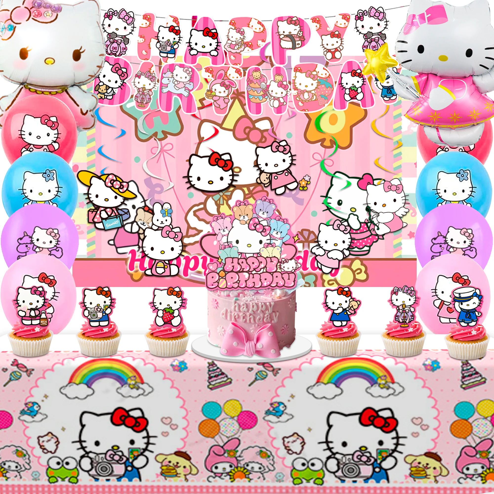 36 pièces de fournitures pour fête d'anniversaire Hello Kitty - Bannière de fête Hello Kitty, ballons, nappe, etc. Fournitures pour fête Hello Kitty