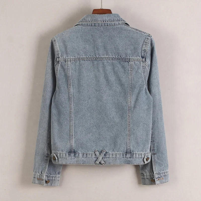 

Vintage Washed Dark Blue Slim Short Jeans Jacket Frayed Burrs Suit Collar Zipper Long Sleeve Spring Autumn Female Cowboy Outwear