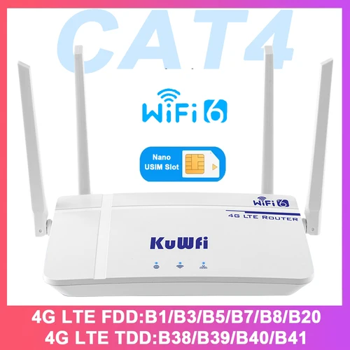 KuWFi 4G CAT4 LTE 라우터, 300Mbps 무선 WiFi6 라우터, 4G 모뎀, RJ45 포트, 나노 USIM 슬롯, 외부 안테나 지지대 10 명 사용자