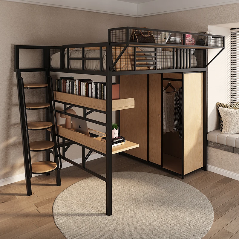 

Wrought iron elevated bed two-layer suspended duplex empty single upper loft small apartment under the cabinet