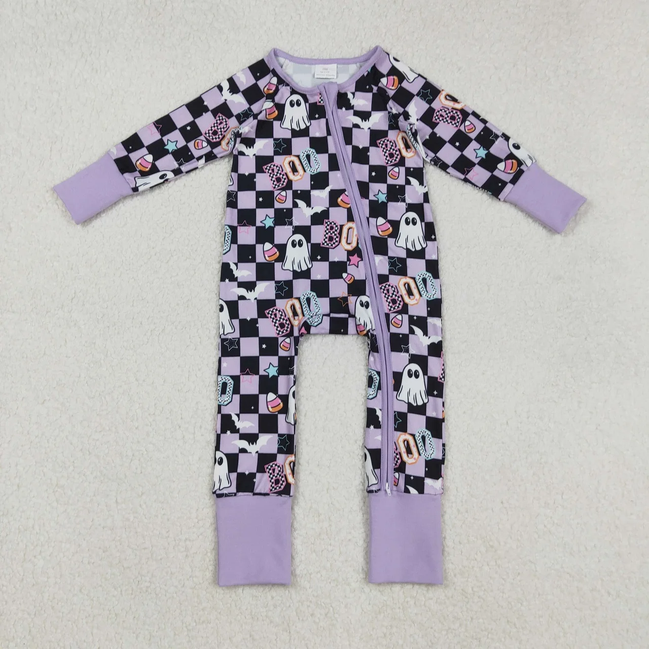 

9.3 Children Newborn Halloween Romper Girl Infant Ghosts Checked Purple Clothes Girls Baby Kids Toddler Zipper Footie Jumpsuit