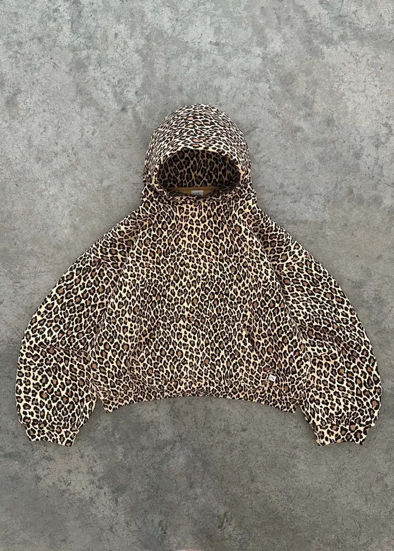 Y2K Vintage Leopard Print Hooded Sweatshirt For Harajuku Style Hip Hop Pullover Sweatshirt Top