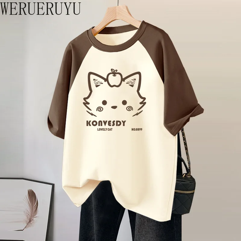 Cartoon Cat Graphic T Shirts Womens Short Sleeve Y2k Cotton Top Clothing Fashion Summer Kawaii Print Loose Tshirt for Women 2024