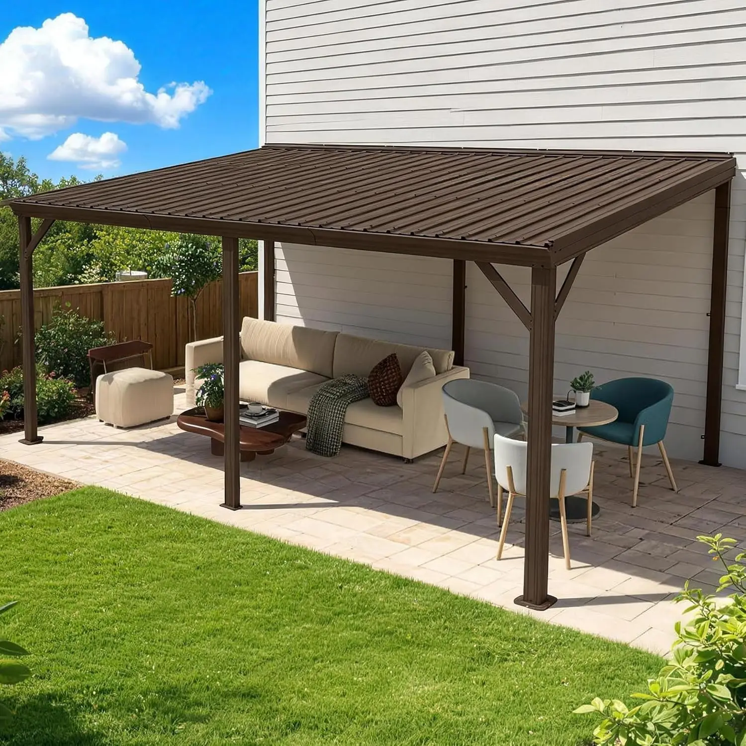 

10x16FT Lean-to Gazebo Metal Hardtop Wall Mount Gutter Sloped Galvanized Roof Deck Porch Shelter Customized