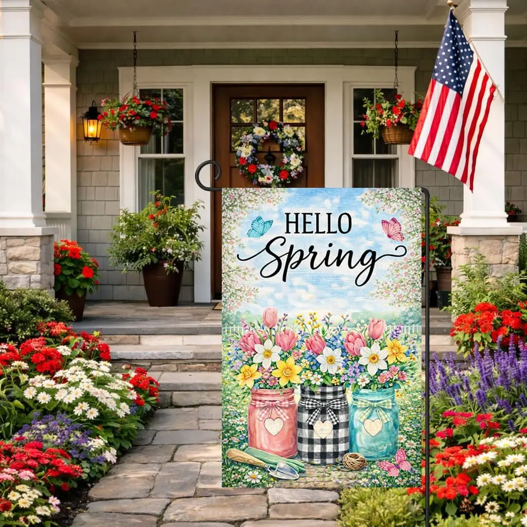 12x18 Inch Mason Jar Tulip Hello Spring Garden Flag Seasonal Outdoor Decor Double Sided Polyester Yard Flag for Yard Porch L PPM