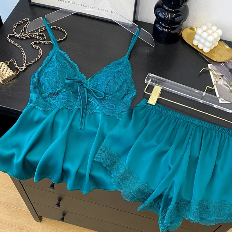 2026 Summer Casual Cool Camisole Shorts Lace Large Pajamas Set Sexy Home Wear Pyjama Pour Femme