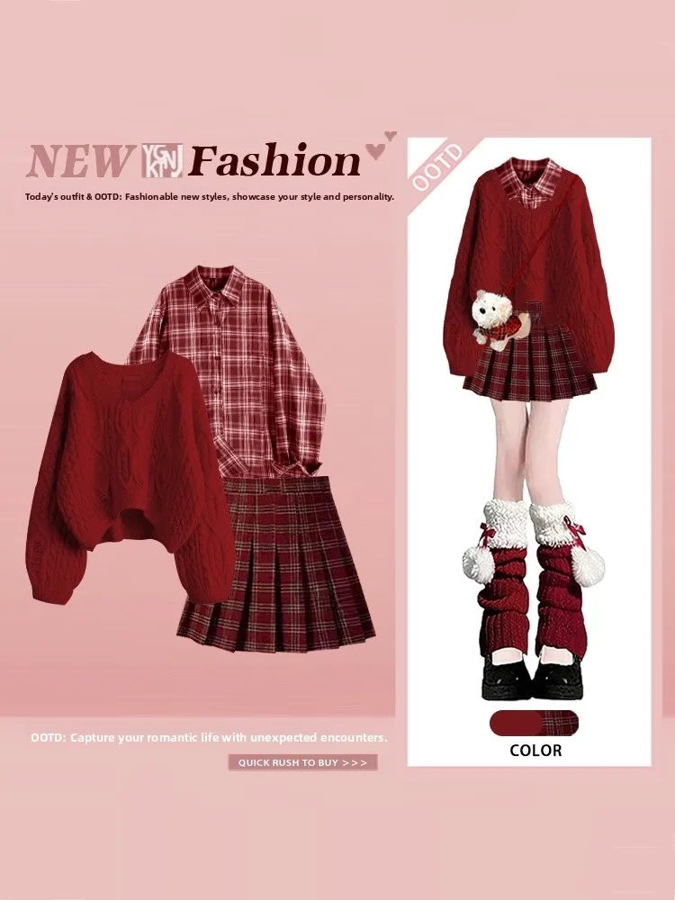 

Red Plaid Shirt Skirt Set Women's Autumn Winter V-neck Sweater Plaid Skirt Sweet Small Size Three-piece Winter Fashion Set