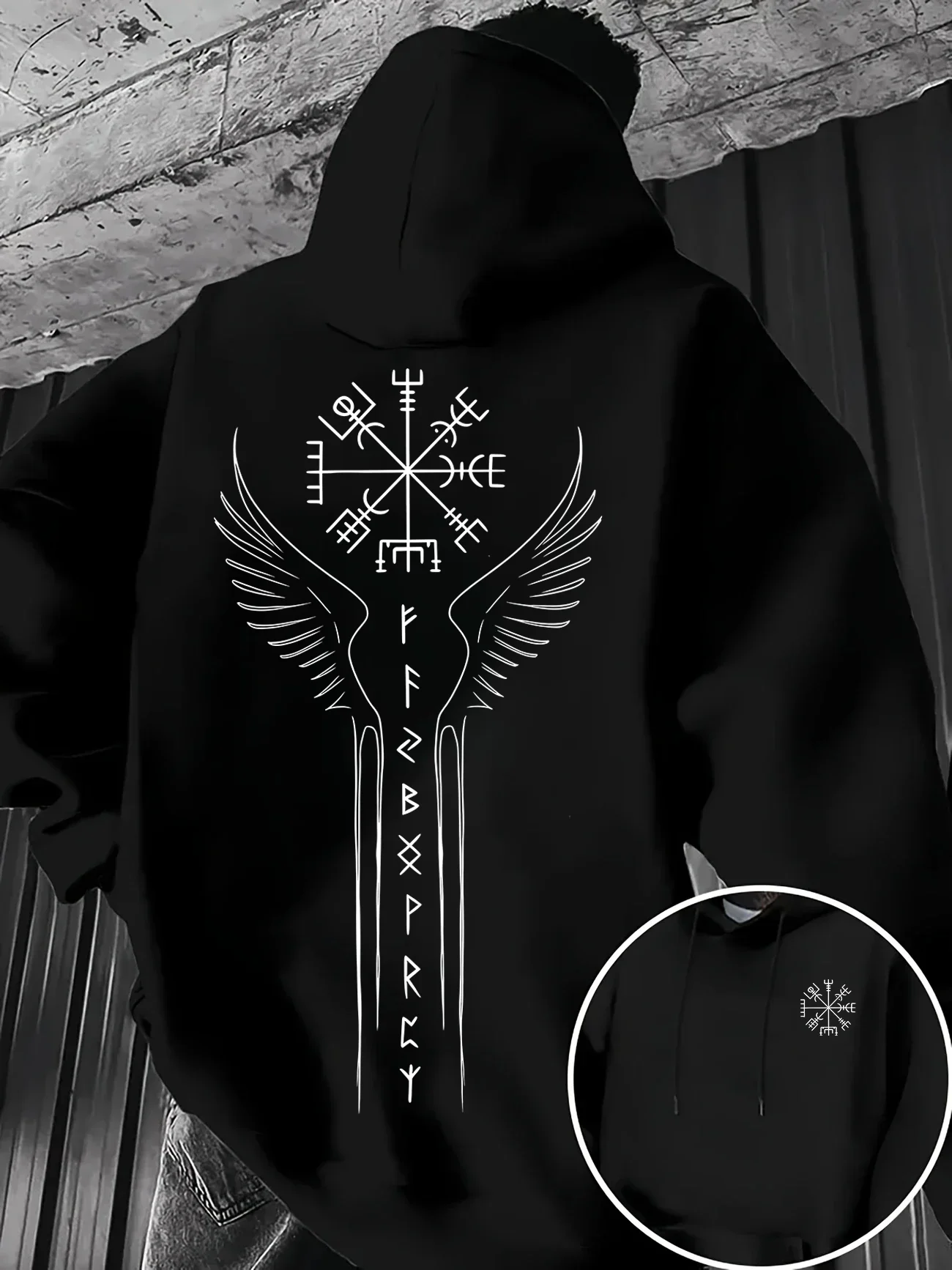 Herren Casual Herbst/Winter Bequemer Pullover-Hoodie mit Viking-Runen- und Kompass-Print - Bequeme, lockere Passform – Detail 5