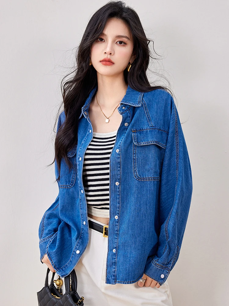 Women Fashion Denim Shirts 2024 Autumn New Harajuku Vintage Jean Blouse Korean Style Long Sleeve Single-breasted Tops