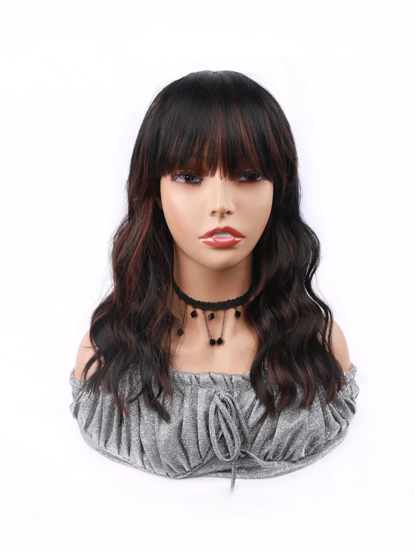 Middle Wave Wigs with Bangs Ombre Brown Blonde Water Wave Natural Hair Wigs For Women Heat Resistant Synthetic Wigs Cosplay