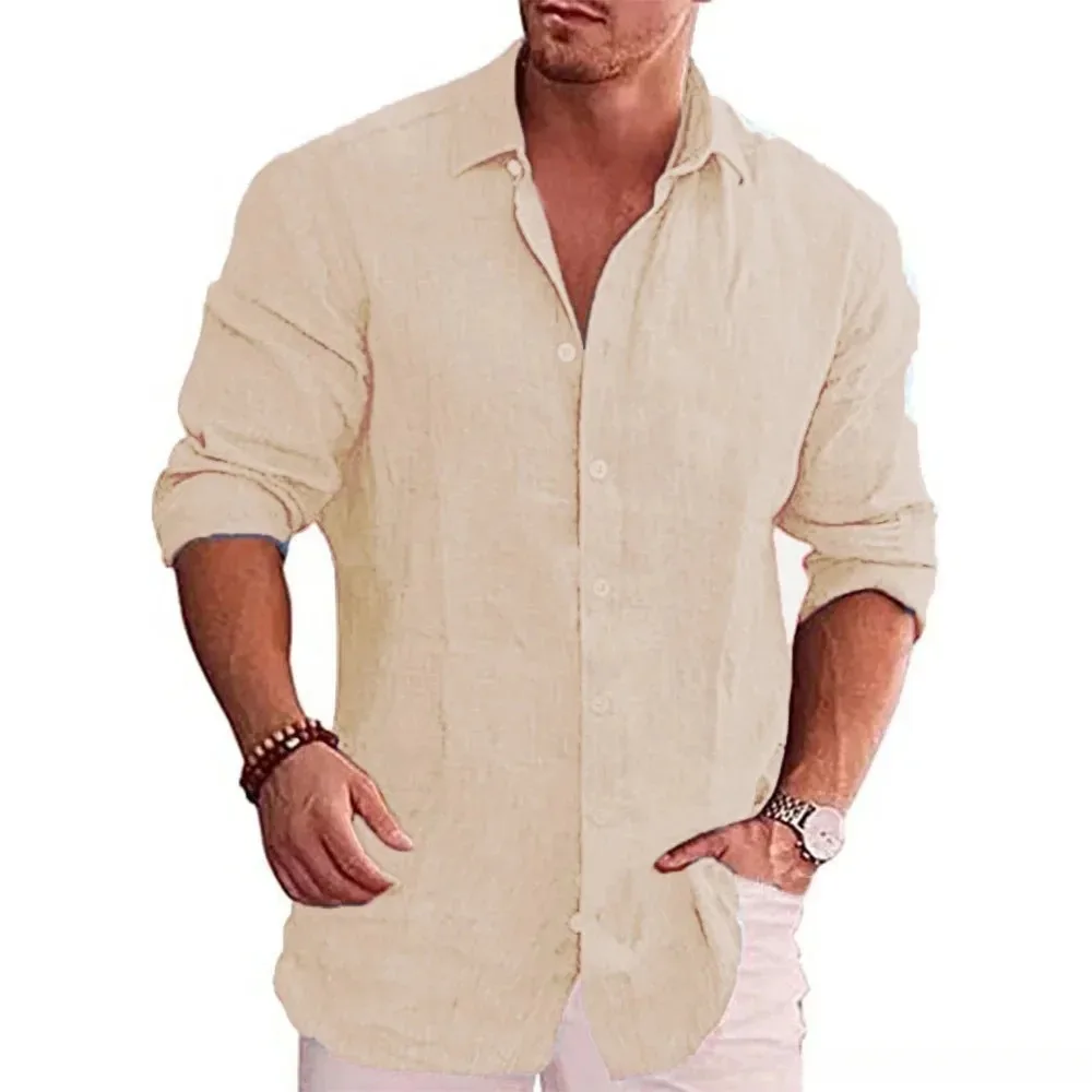 New men\'s cotton linen autumn hot long-sleeved shirt solid colour versatile casual resort style men\'s shirt tops