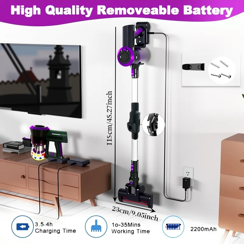 KOVOKI  Aspiradora sin Cable, 70KPa, Taza de Polvo de 1,5 L, Batería Extraíble, 15-35 Minutos de Funcionamiento, para Pelo de Ma
