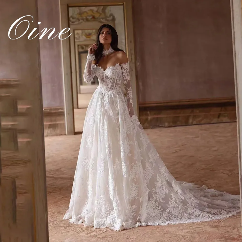 Oine Sweetheart Long Sleeves Wedding Dress 2026 Lace Appliques Train Bridal Gown Backless Draped Luxury Bride Dress  Customized