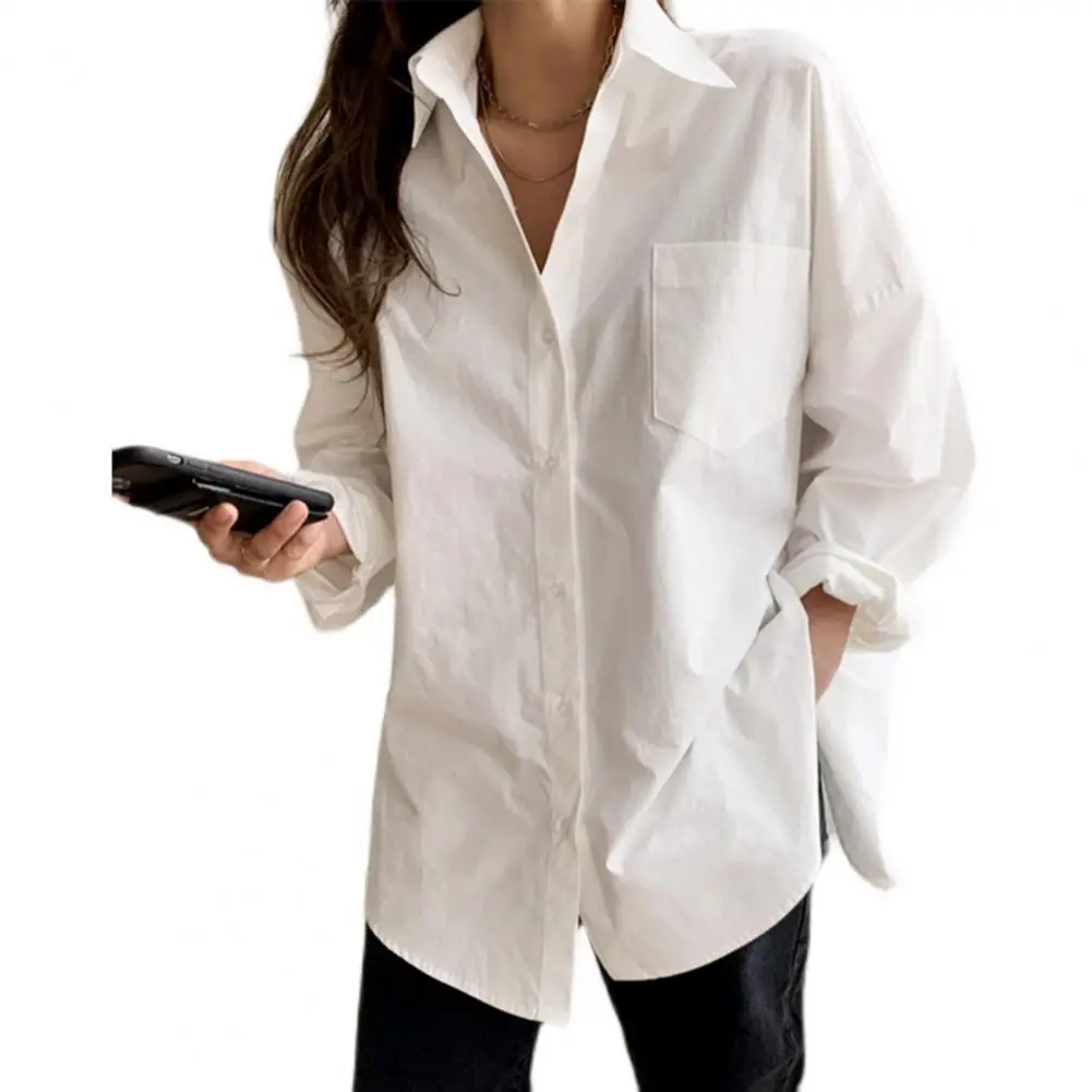 

Versatile Women Shirt Stylish Women's Button-up Shirt with Long Sleeve Patch Pockets Solid Color Casual Workwear Top for Parties