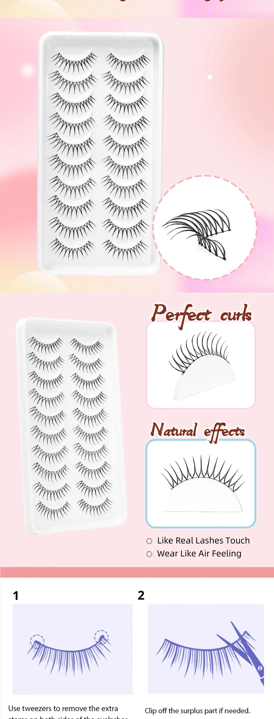 10 Paar in einer Packung, künstliche Wimpern im Idol-Stil für Frauen, U-förmige handgewebte Wimpern, unabhängige Strähnen, natürlicher Make-up-Look, flauschige und realistische künstliche Wimpern, natürliche Simulation, geeignet für Anfänger, künstliche Wimpern im koreanischen Idol-Stil, Länge 6-12 mm – Detail 3