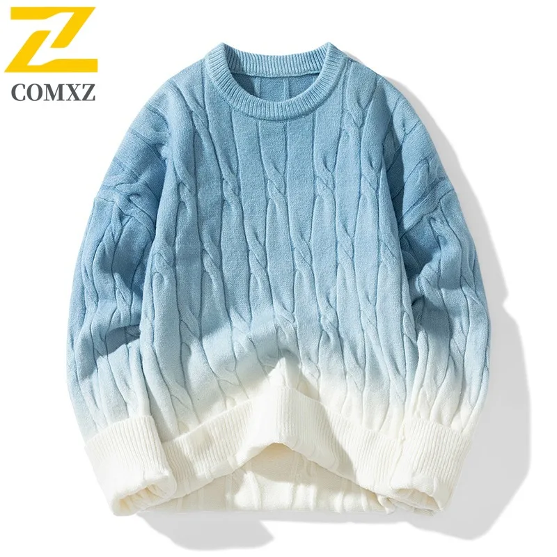 

COMXZ Solid Color Round Neck Men Knit Sweater Winter Thickened Thermal New Trend Loose Fit Gradient Drop lightweight windbreaker