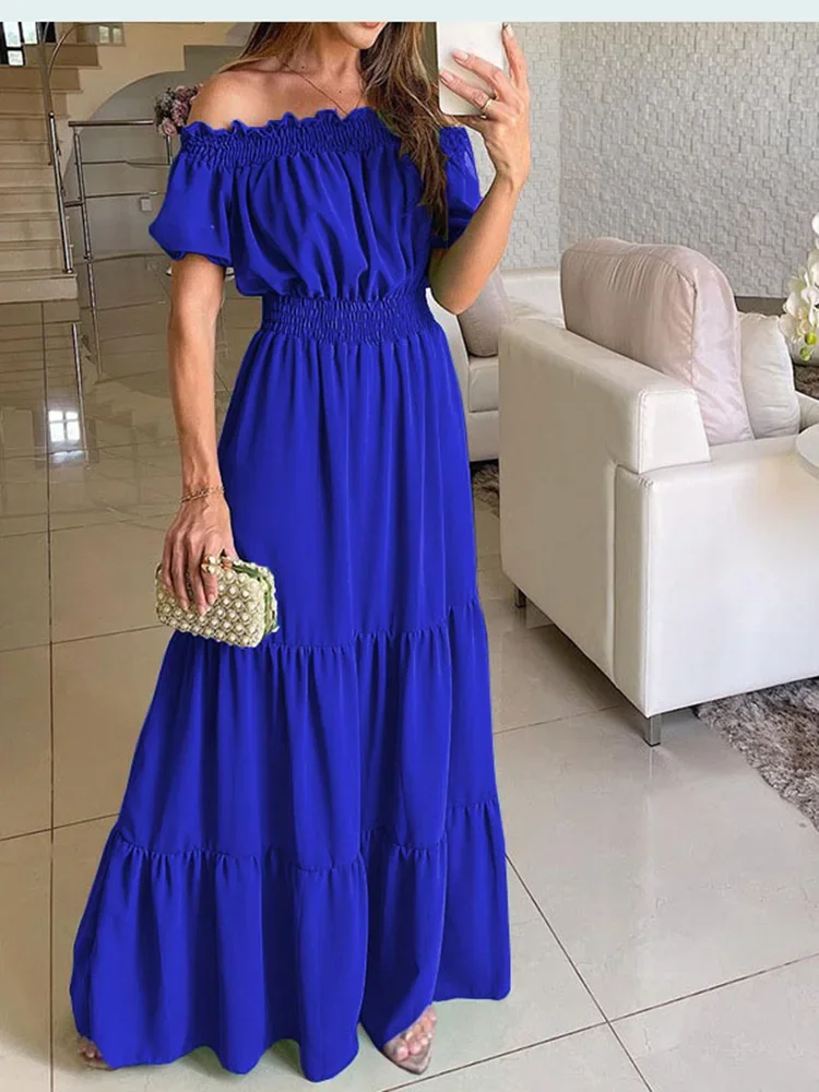 Summer Solid Boho Dress Women Fashion Elegant Beach Party Dress Casual Slash Neck Office Maxi Dresses For Woman Robe Femme