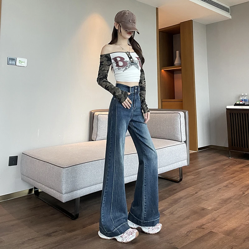 

Y2K Retro Patchwork Flared Jeans High Waist Tummy Control Stretch Loose Bootcut Slim Double Button Casual Fashion for Women
