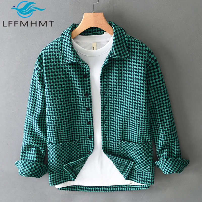 T739 Spring Fall Fashion Houndstooth Pattern Long Sleeve Casual Shirt for Men Green Orange Color Chic Daily Coat Male Blouse Top