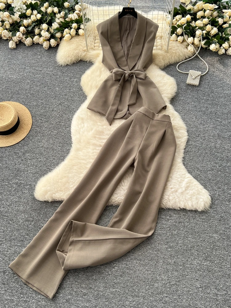 

Summer commute professional suit women's high-end tied waist and sleeveless suit top+high waist wide leg straight leg pants
