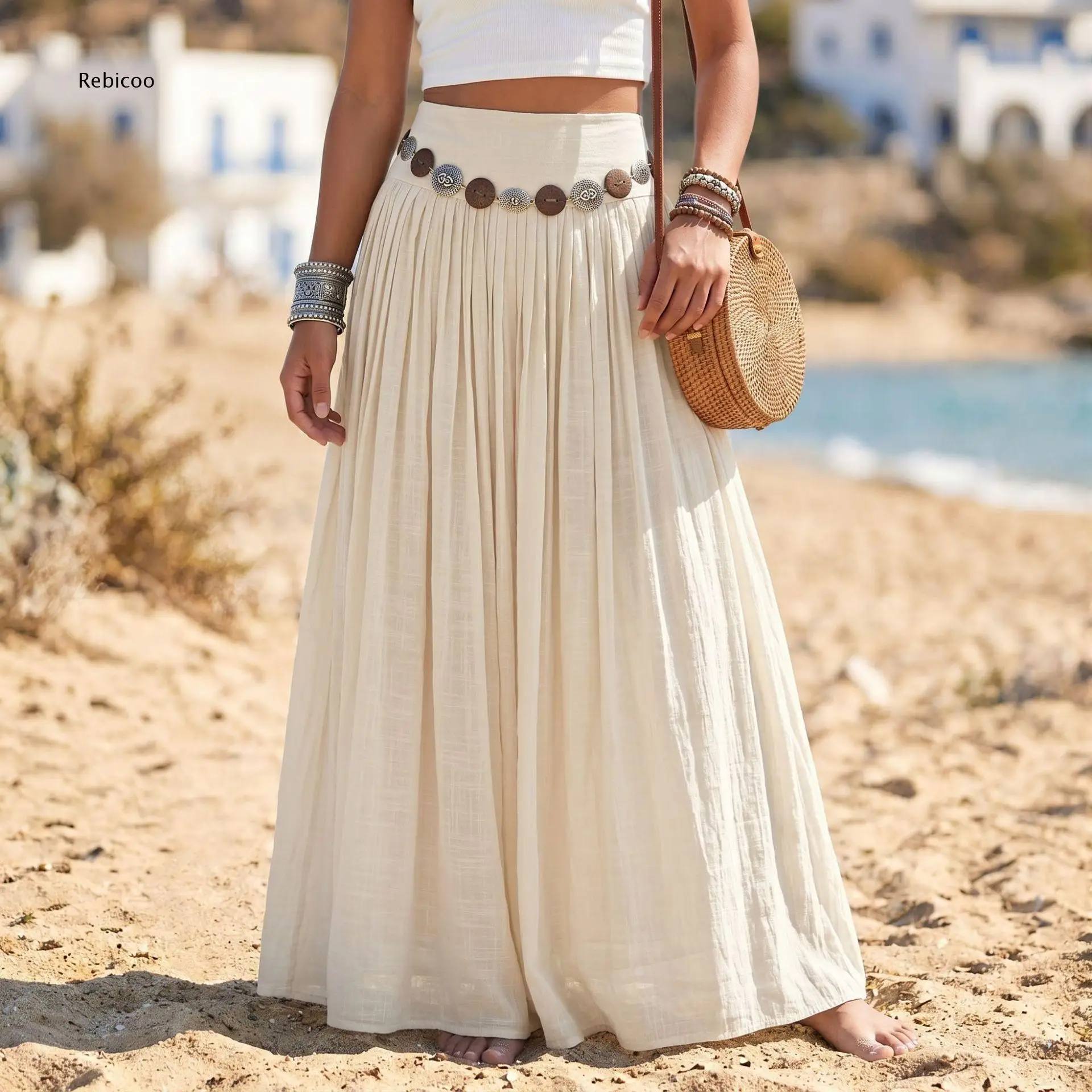 Loose Pleated Floor Length Maxi Skirt For Women High Waist Flowy Long Skirt For Coastal Travel And Casual Street Style Looks