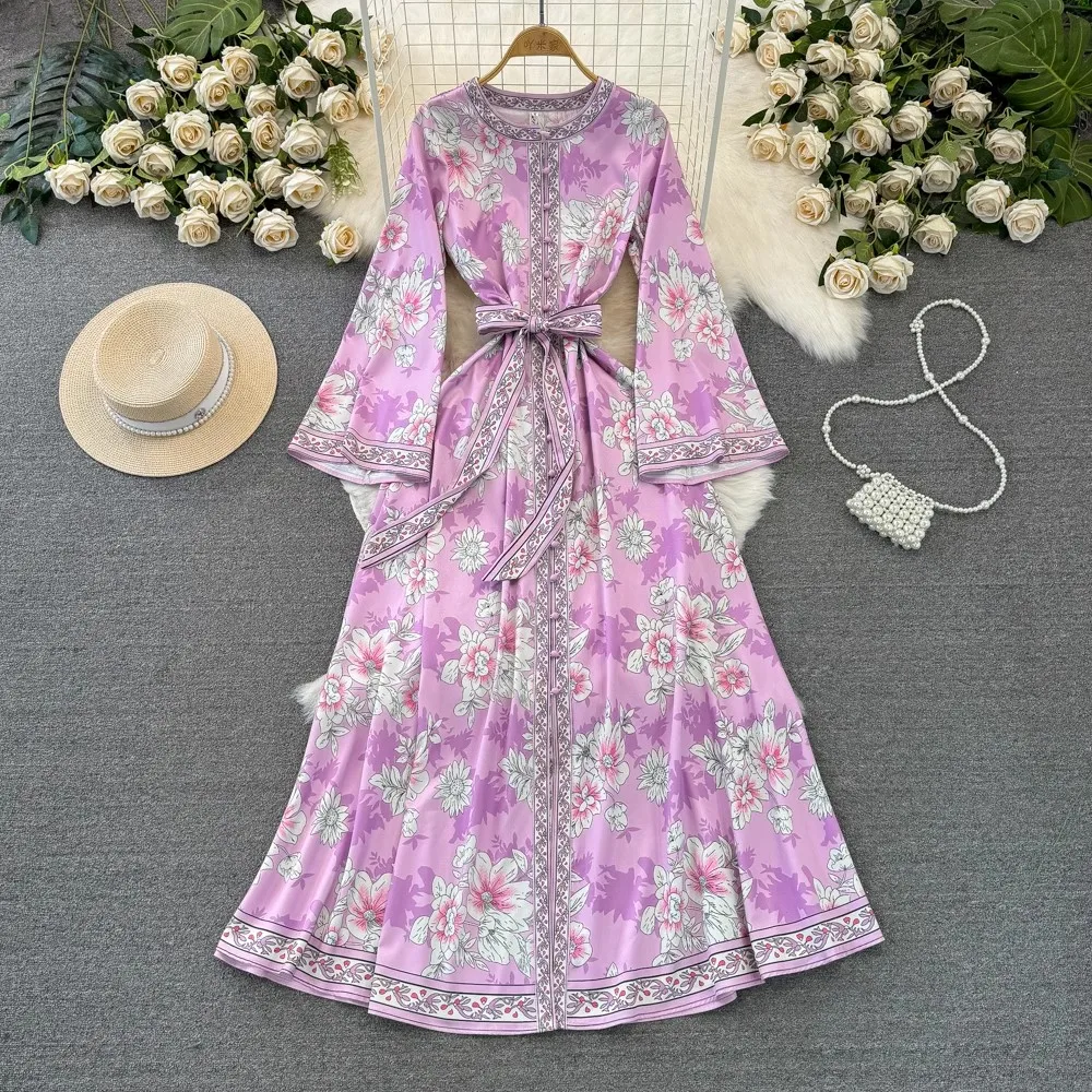 Robe de plage élégante à col rond pour femmes, manches évasées, simple boutonnage, à lacets, style Boho, robes de vacances, mode imprimée, été, nouveau, 2024