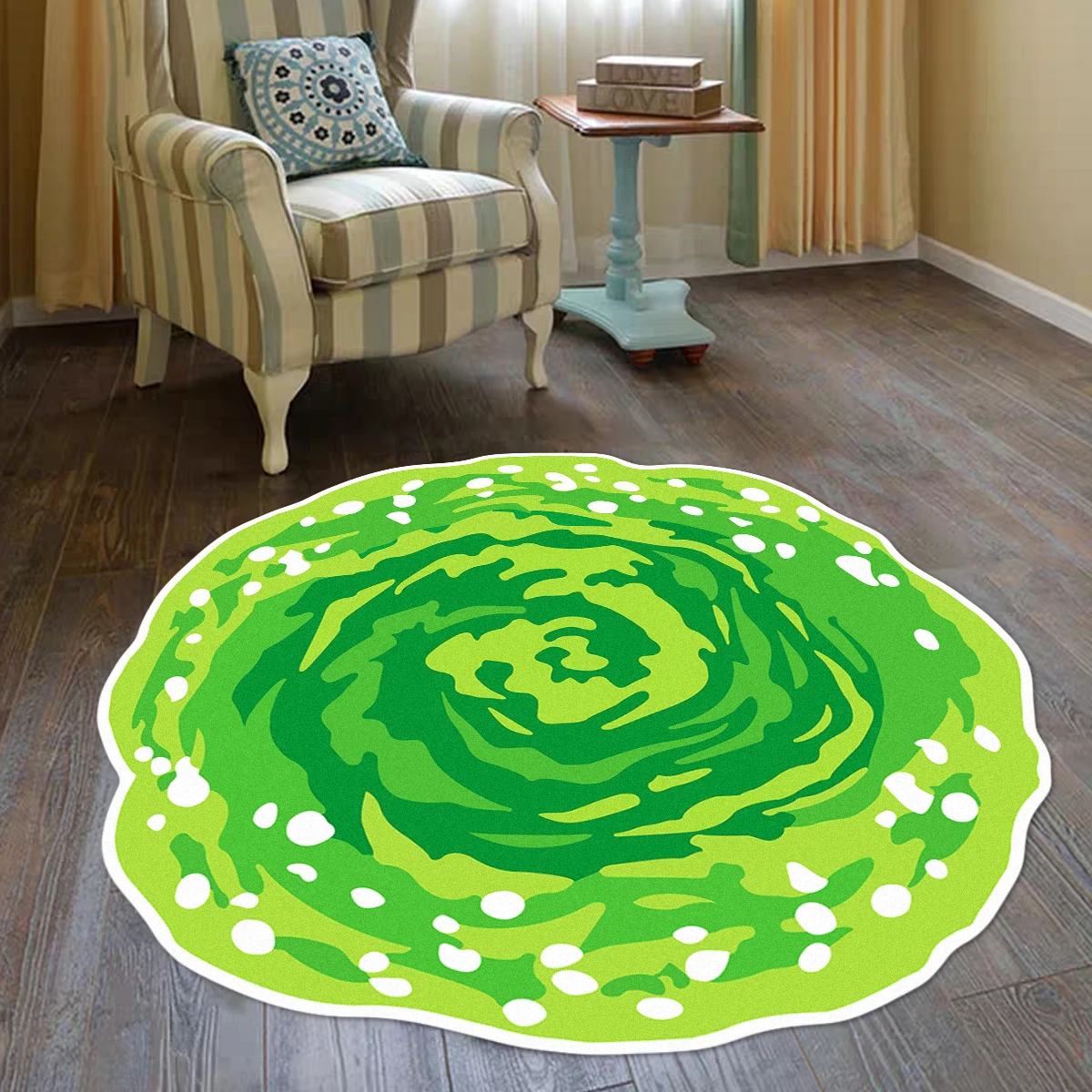 Round Rug Bedroom Home Decoration Irregular Green Vortex Carpet Living Room Area Rugs Non-slip Machine Washable Floor Mat