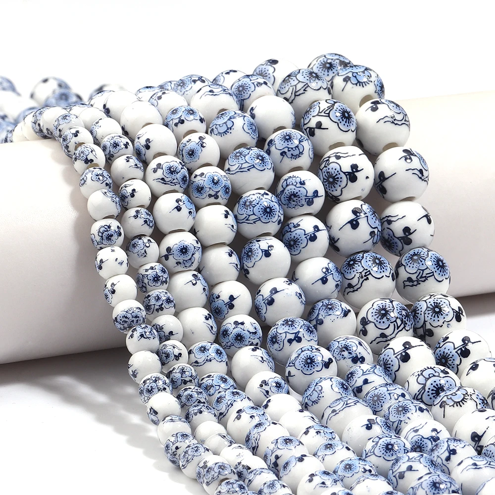6 8 10 12mm Blumen-Keramikperlen Blaue Pflaumenblüten-Porzellanperlen Runde lose Perlen für DIY Schmuckherstellung Armband Halskette