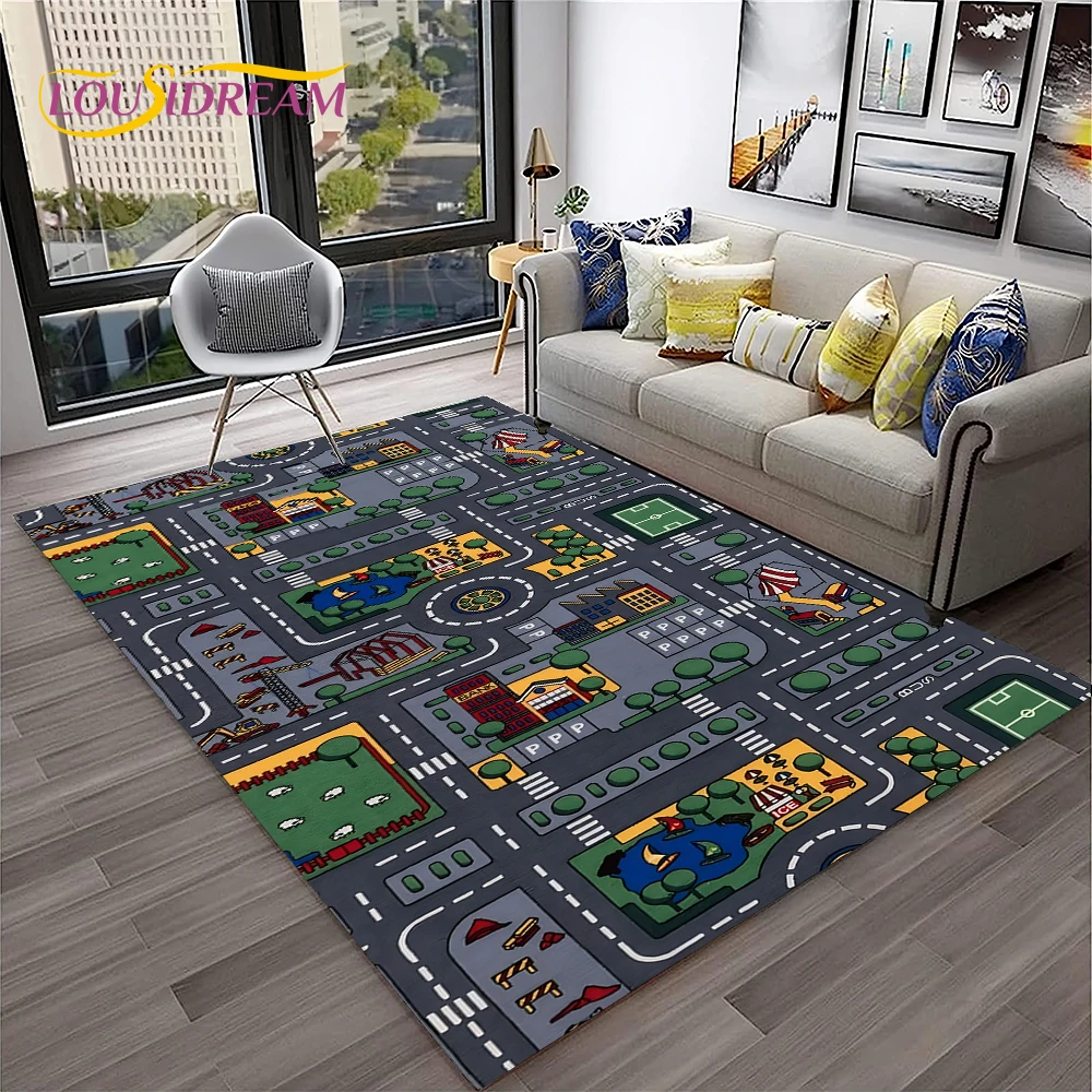 Child Playmat Traffic Highway City Playroom Carpet Rug for Home Living Room Bedroom Doormat Decor, Area Rug Non-slip Floor Mat