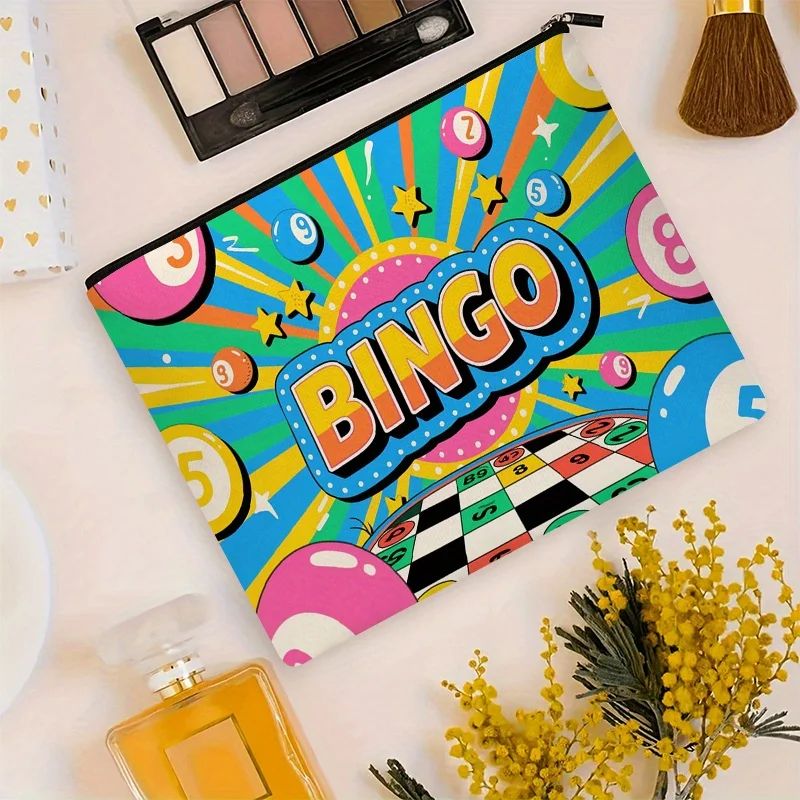 1pc Bingo Game Makeup Bag - Retro Arcade Cosmetic Organizer with Bingo Balls Pattern, Lightweight Travel Toiletry Pouch