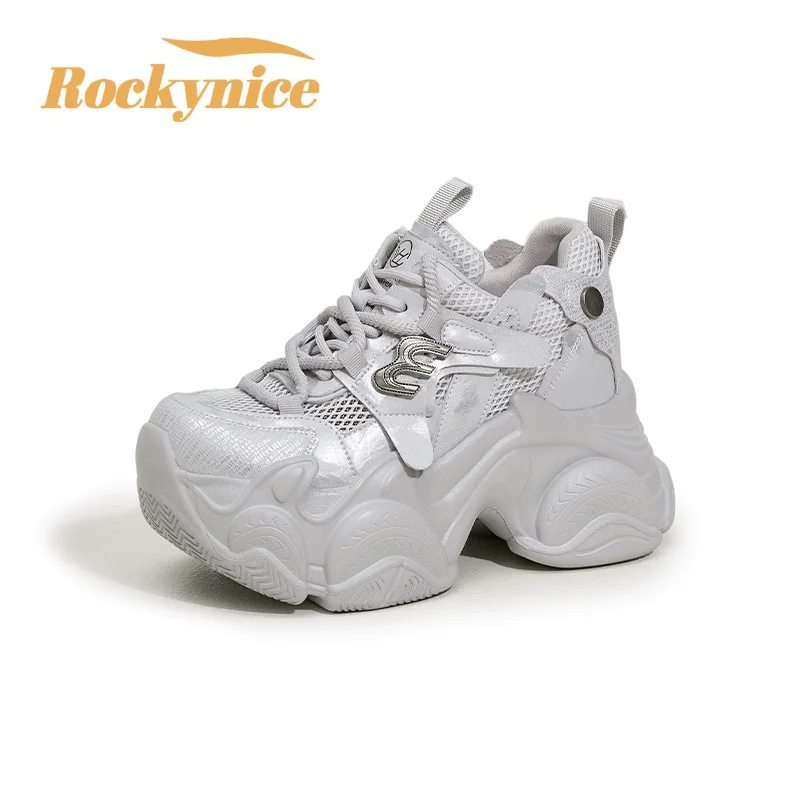 New Women's 2026 Spring High Platform Breathable Mesh Sports Shoes 8.5CM Thick Bottom Casual White Shoes Walking Chunky Sneakers