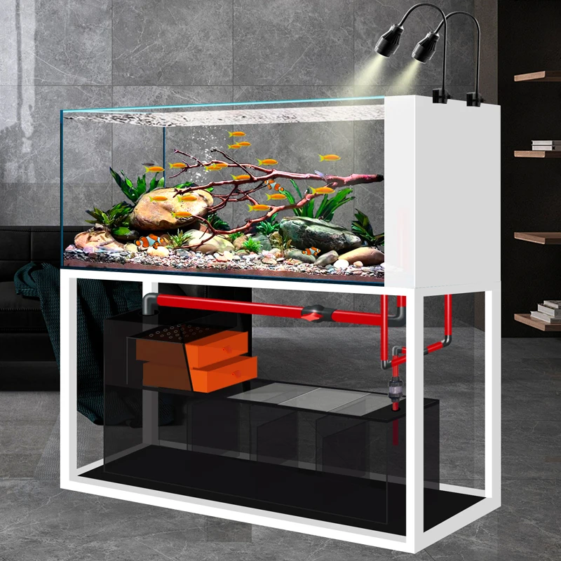 Industrial wind native stream tank side overflow ecological bottom filter fish tank living room ultra-white glass aquarium