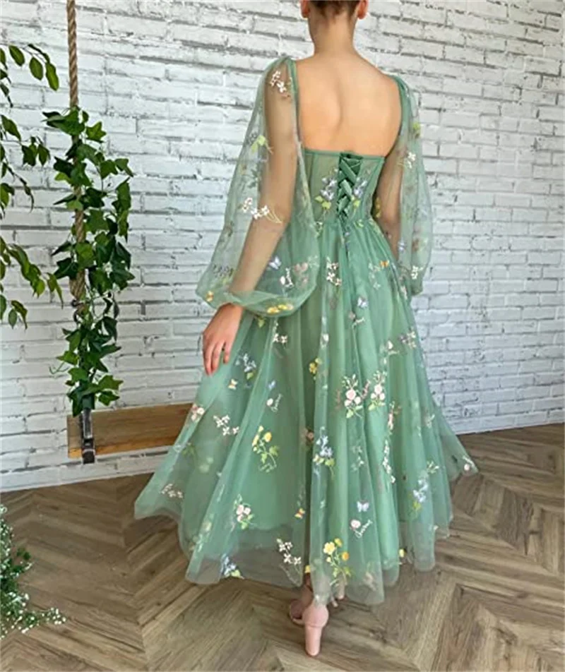 Fairy Flower Embroidery Tulle Beach Dress for Women Puffy Sleeve A-line Formal Evening Party Prom Gowns Tea Length