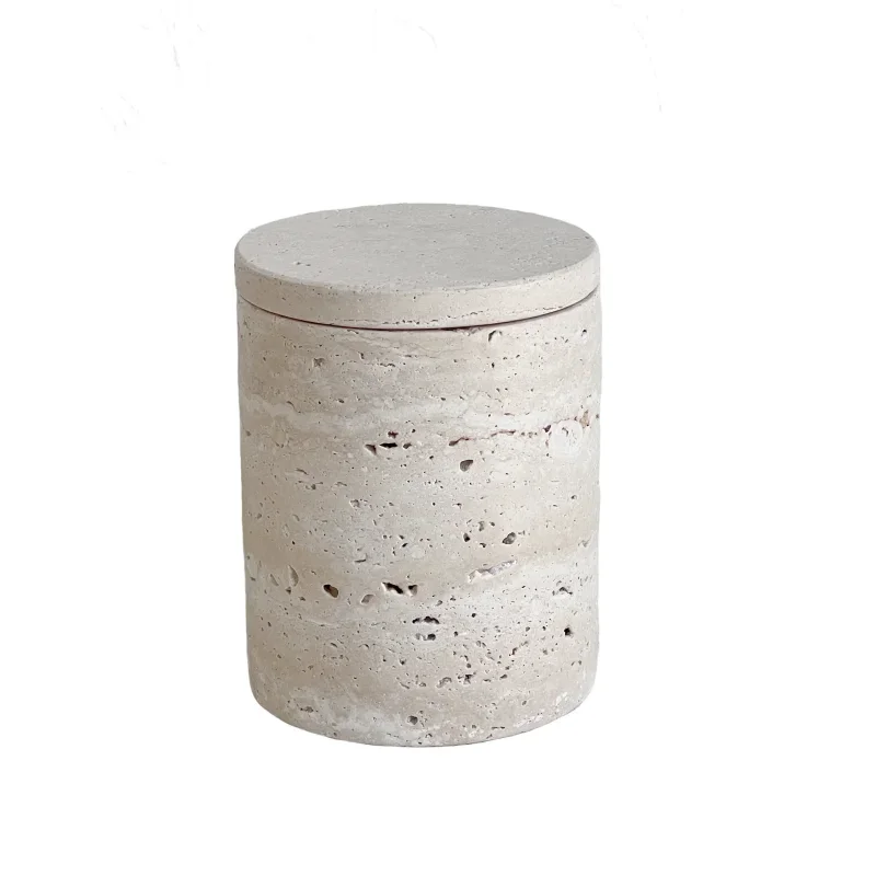 D9X11.5CM Wabi-sabi Beige Travertine Marble Jars Stone Vessel Storage Candle Tank with lid and boxes Packaging