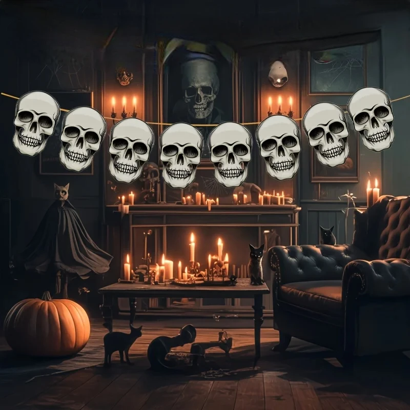 1PC Halloween Skull Banner Garland Paper Skull Head Bunting Flag Spooky Hanging Pull Flag Decor for Halloween Party Decoration