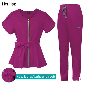 Groothandelsprijs Ziekenhuis Scrubs Set voor Vrouwen Dierenkliniek Uniform Effen Kleur Scrubpak Chirurgische Toga Meerdere Zakken met Riem