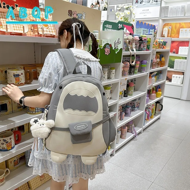 Stylish Nylon Backpack Adjustable Straps Cartoon Shark Design Lightweight for Students or Casual Use Secure Zipper Closure