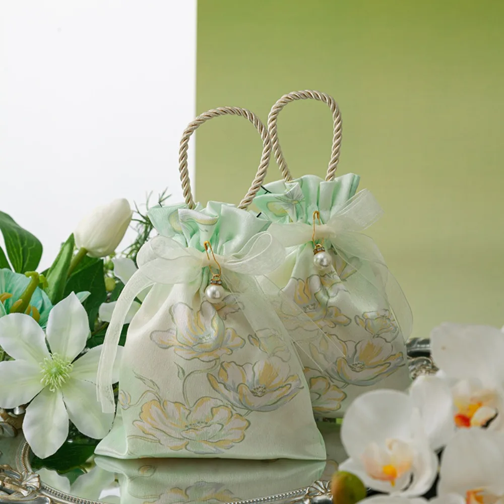 Tas Permen Pernikahan Pita Elegan, Kantong Rias, Kotak Gula Pesta Mutiara, Tas Penyimpanan Perhiasan, Tas Tangan Gaya Cina untuk Pernikahan