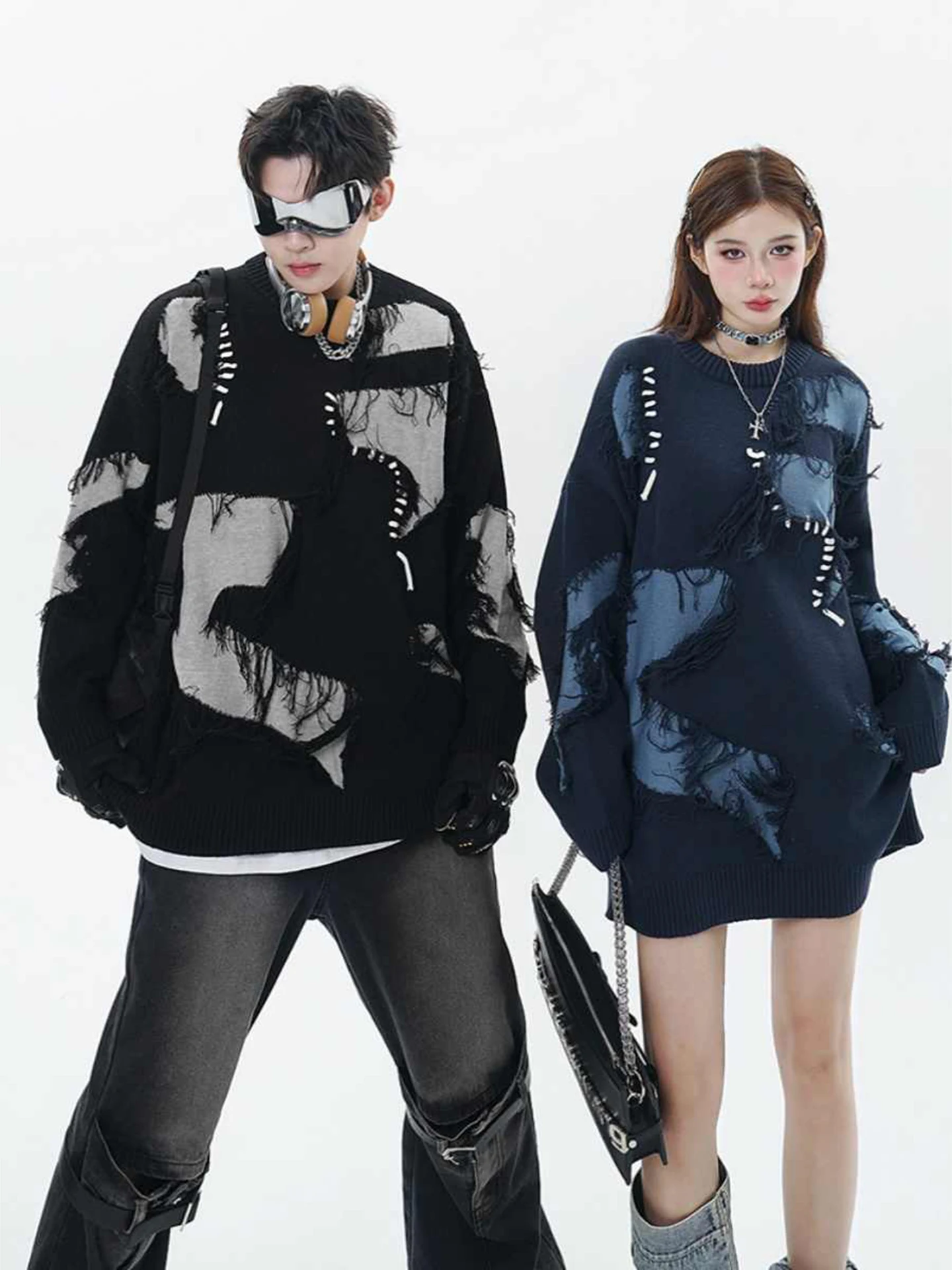 

Мужской вязаный свитер свободного кроя с круглым вырезом и бахромой, осенне-зимний, в стиле колор-блок, модная молодежная одежда