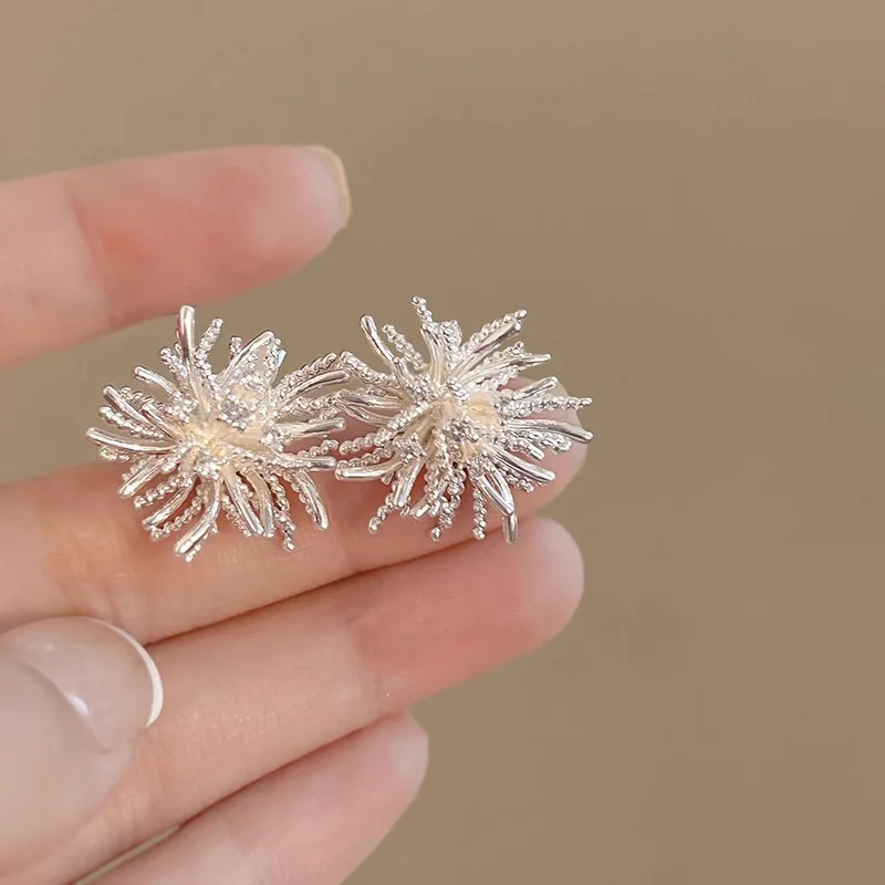 France 925 Sterling Silver Exaggerated Dandelions Stud Earrings For Woman Fashion Piercing Jewelry Aretes De Mujer Party Gift