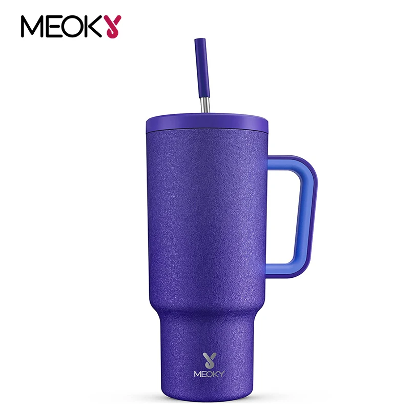 

Meoky 40oz Tumbler Soft Handle Straw Lids Travel Vacuum Insulated Durable Leak-Proof Double Wall Coffee Cup Thermal Water Bottle