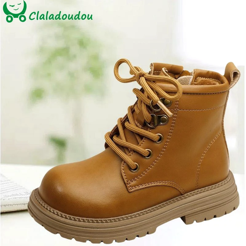 Brand Classic Motorcycle Boots For Girls Microfiber Leather Ankle Boots For Boys With Thin Velvet Solid Brown Retro School Shoes