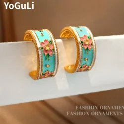 Fashion Jewelry Vintage Temperament  Flower Green Hoop Earrings For Women Female Gifts Delicate Design Ear Accessories
