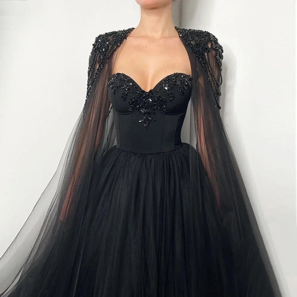 

Black Sweetheart Pearls Beads Evening Dresses with Cape Sleeves Elegant Sweep Train A-Line Prom Gowns Luxury Party Dresses