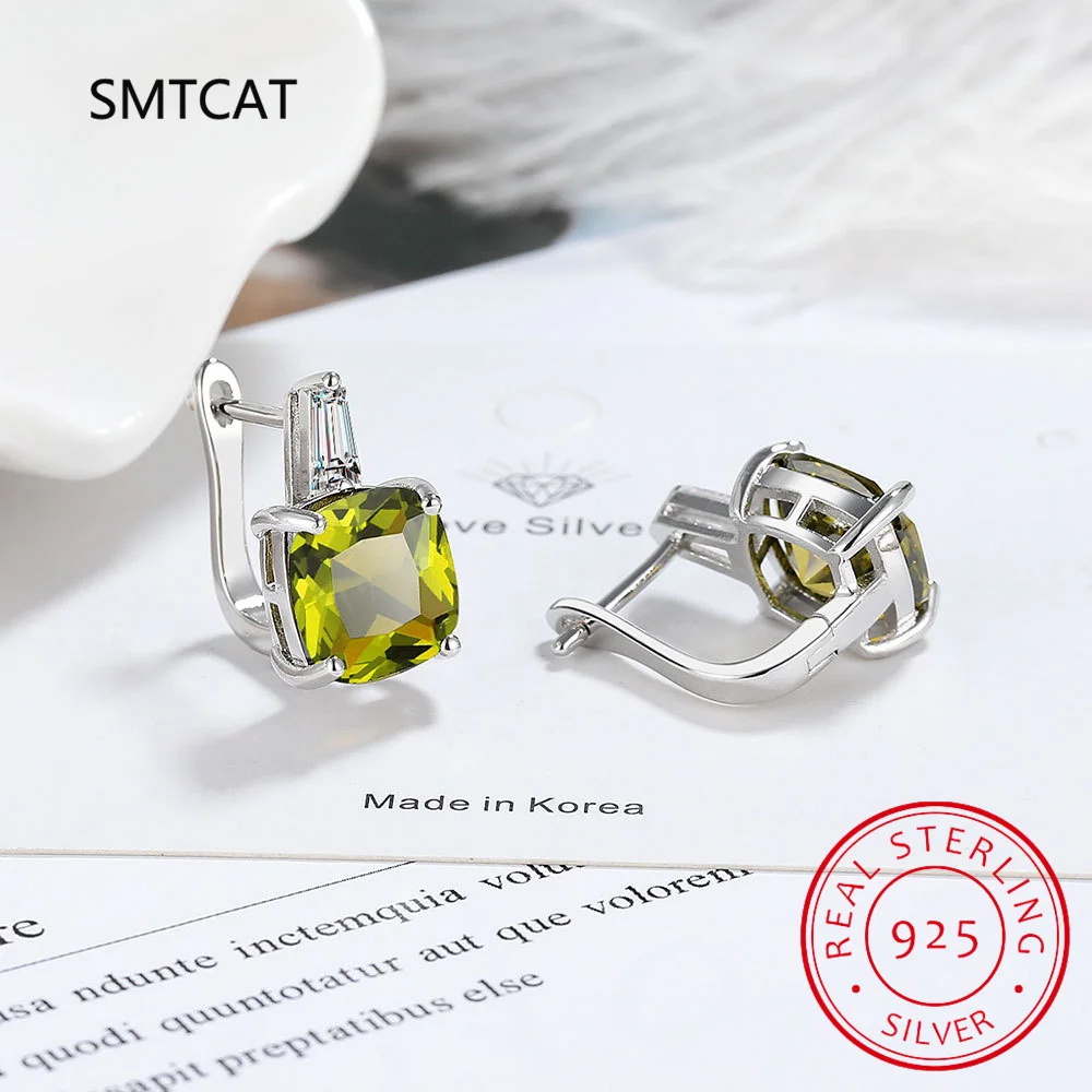 Cushion Cut Created Natural Green Peridot 925 Sterling Silver Hoop Earring for Women Fashion Statement Gemstone Jewelry Huggies