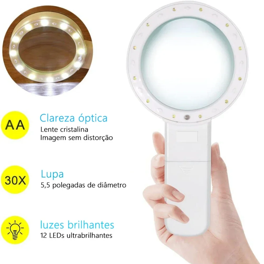 30X Handheld Magnifier 12  Illuminated Magnifying Glass with Light  Seniors Reading Inspection Coins Jewelry Watch Repair