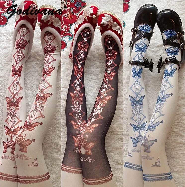 Chinese Style Lo Socks Lolita Girls Original Printed Pantyhose All-match Women's Sweet Long Socks & Hosiery Stocking Tights